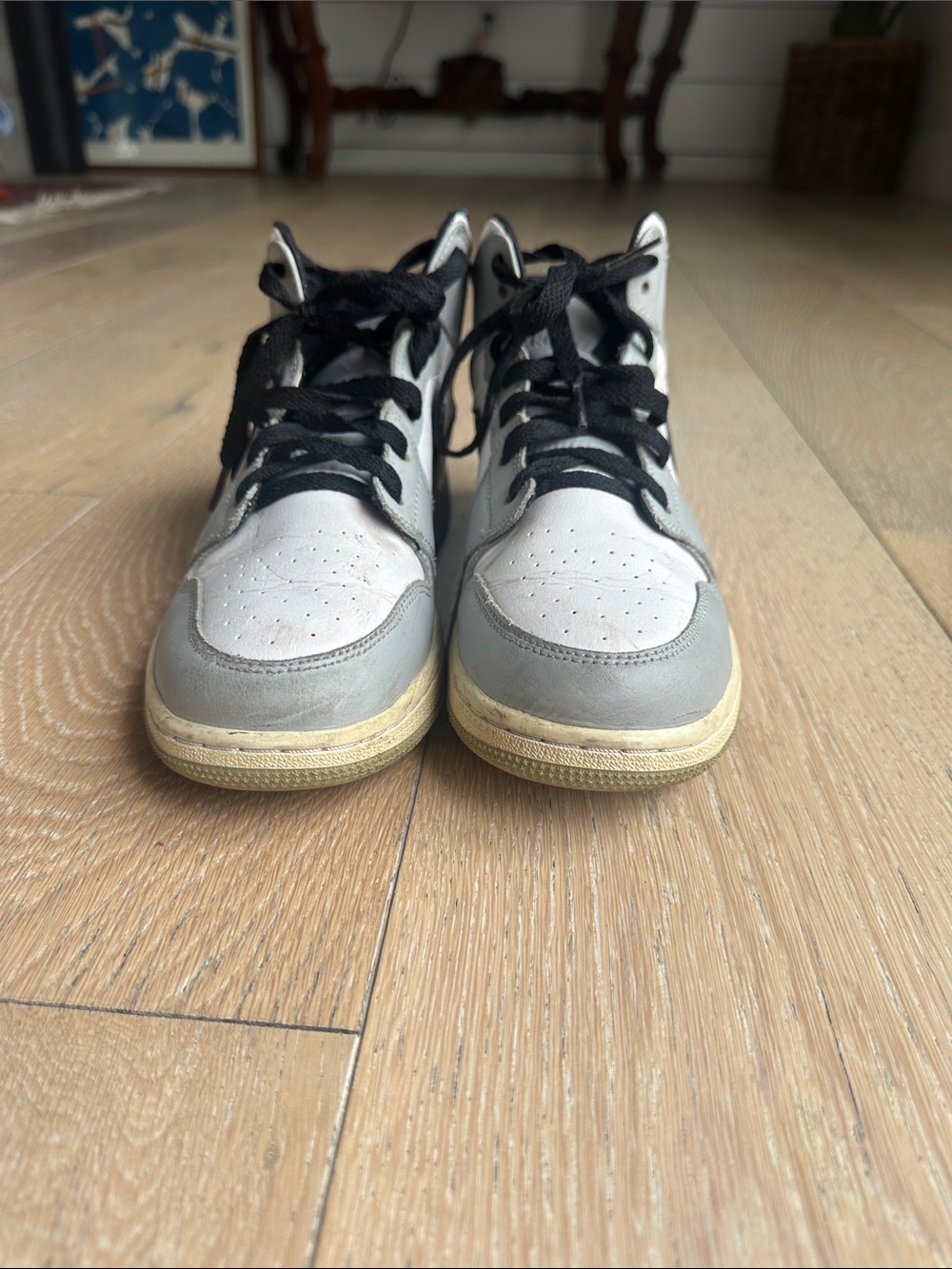 Nike Jordan’s High-Top Sneakers in White and Gray with Black Laces